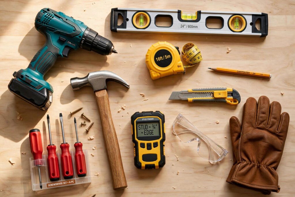 Flat-lay of an essential beginner DIY toolkit on a workbench