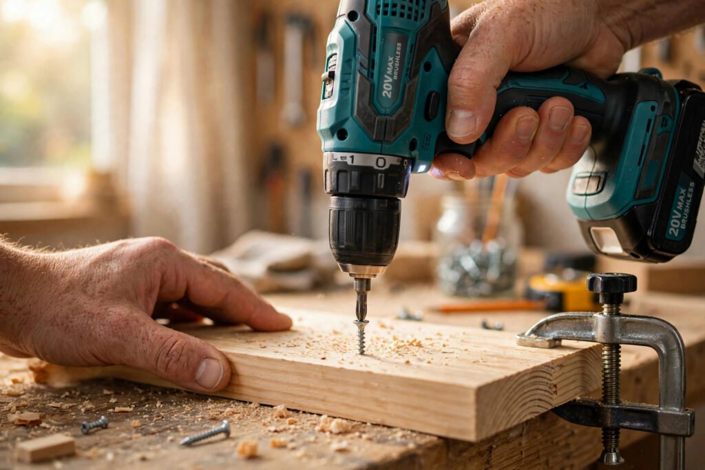 Using a cordless drill to drive a screw into wood