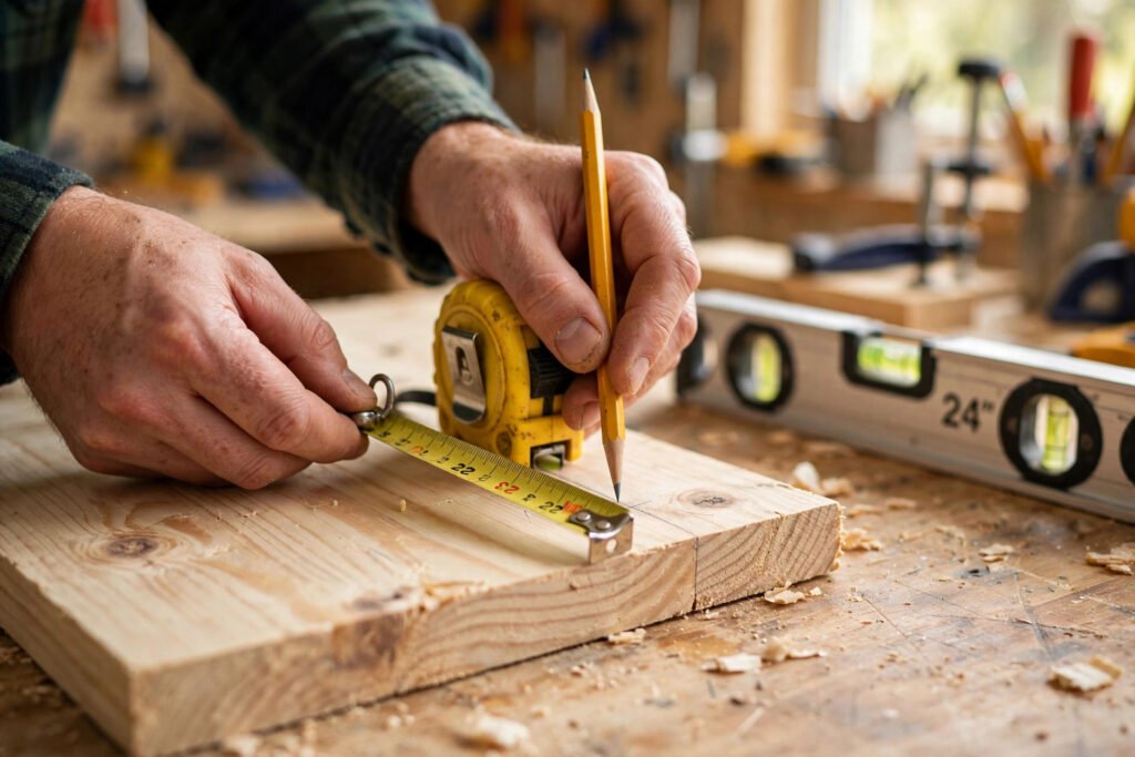Measuring and marking a board with a tape measure