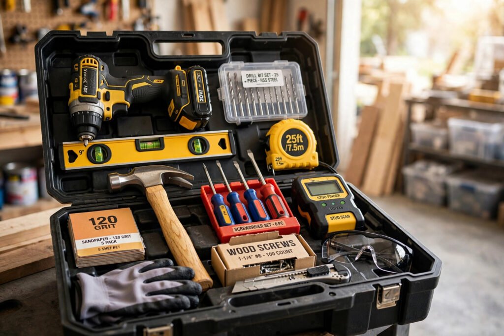 A finished beginner DIY toolkit organized in a toolbox