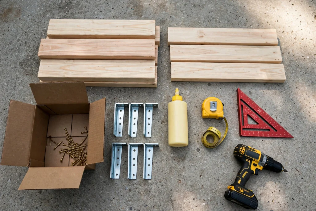 Materials laid out for the potting bench build