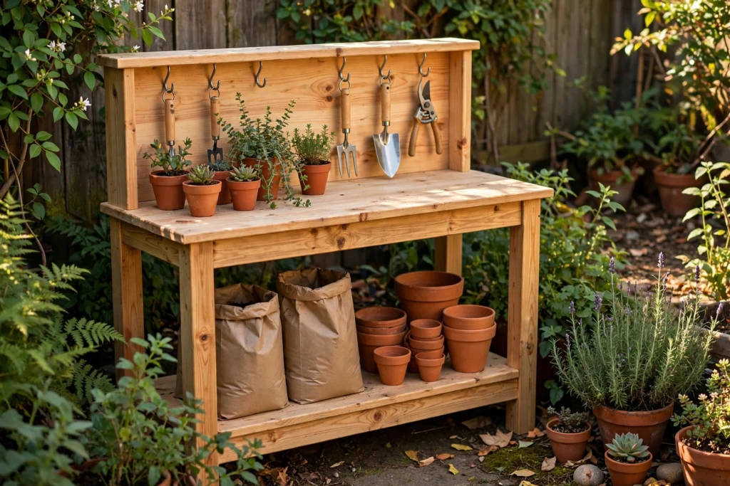 Finished potting bench with tools and pots