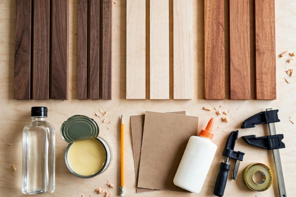Materials laid out for the wooden cutting board project