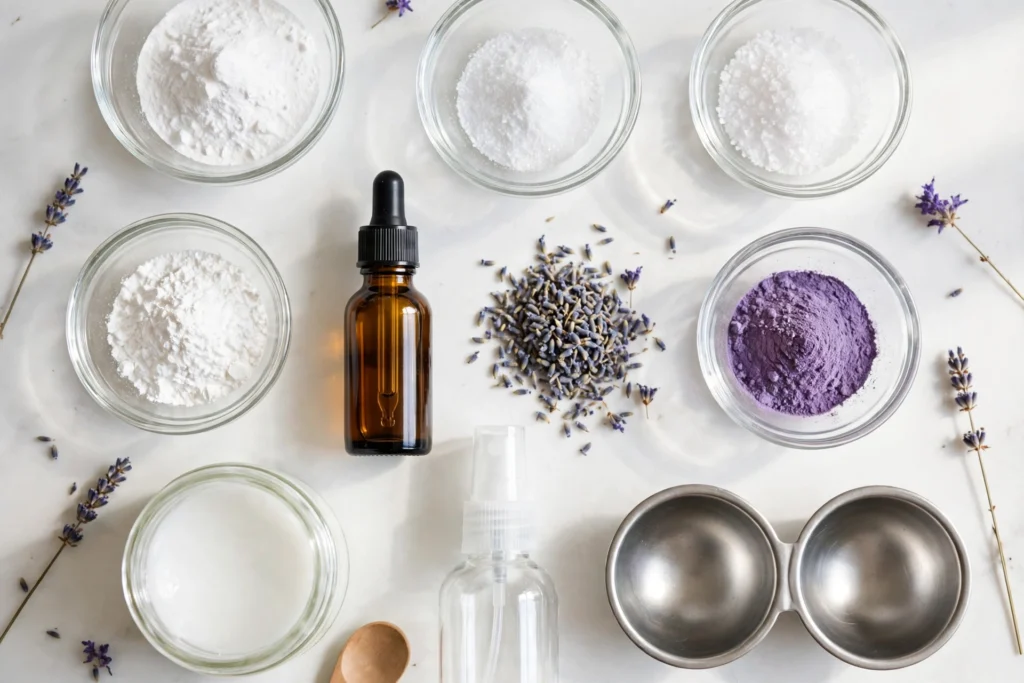 Ingredients laid out for DIY bath bombs