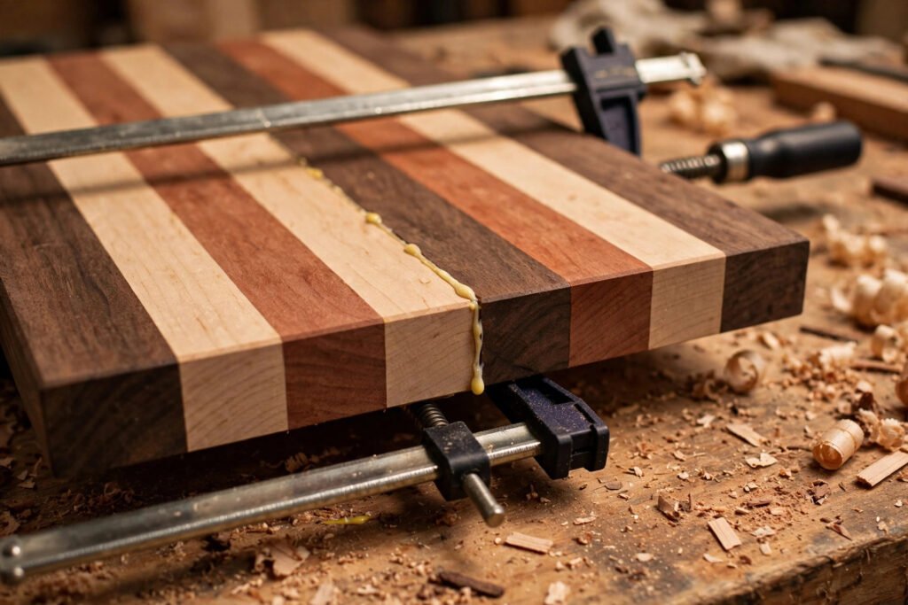 Hardwood strips glued and clamped together