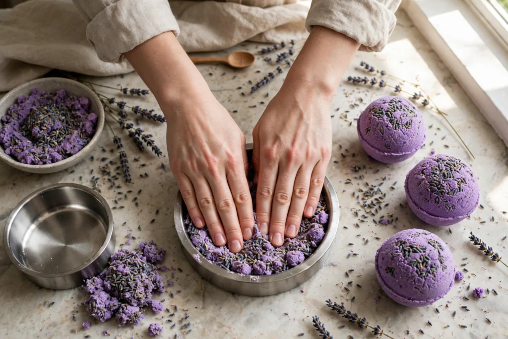 Pressing bath bomb mixture into round molds