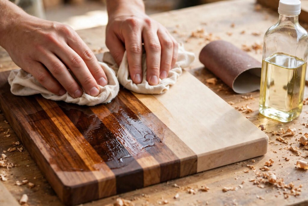 Rubbing mineral oil into the finished cutting board