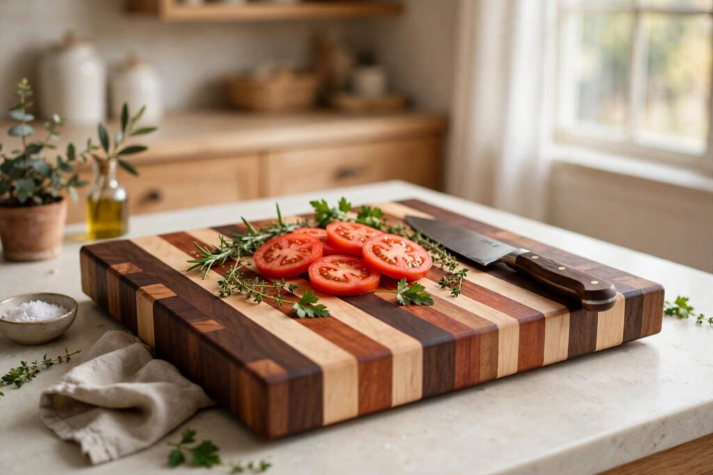 Finished striped hardwood cutting board in the kitchen