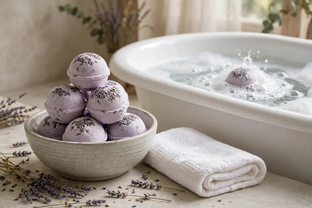 Finished lavender bath bombs by the bathtub