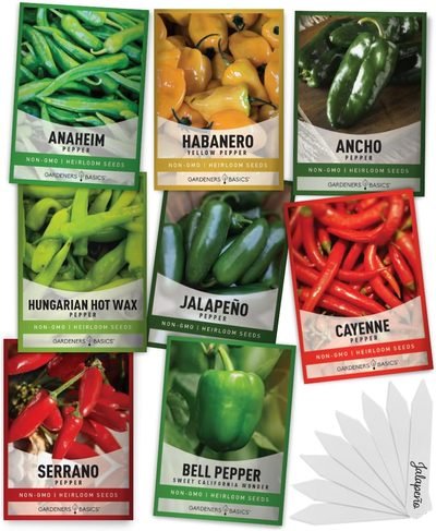 Gardeners Basics Pepper Seeds for Planting, 8 Variety Pack of Hot and Sweet