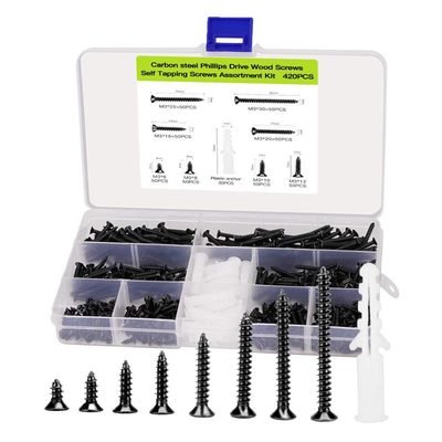 M3 Flat Head Wood Screws Assortment, 420pcs Black Self Tapping Screws