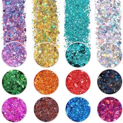 Holographic Chunky Glitter, Set of 12, Licool Craft Glitter for Resin Art