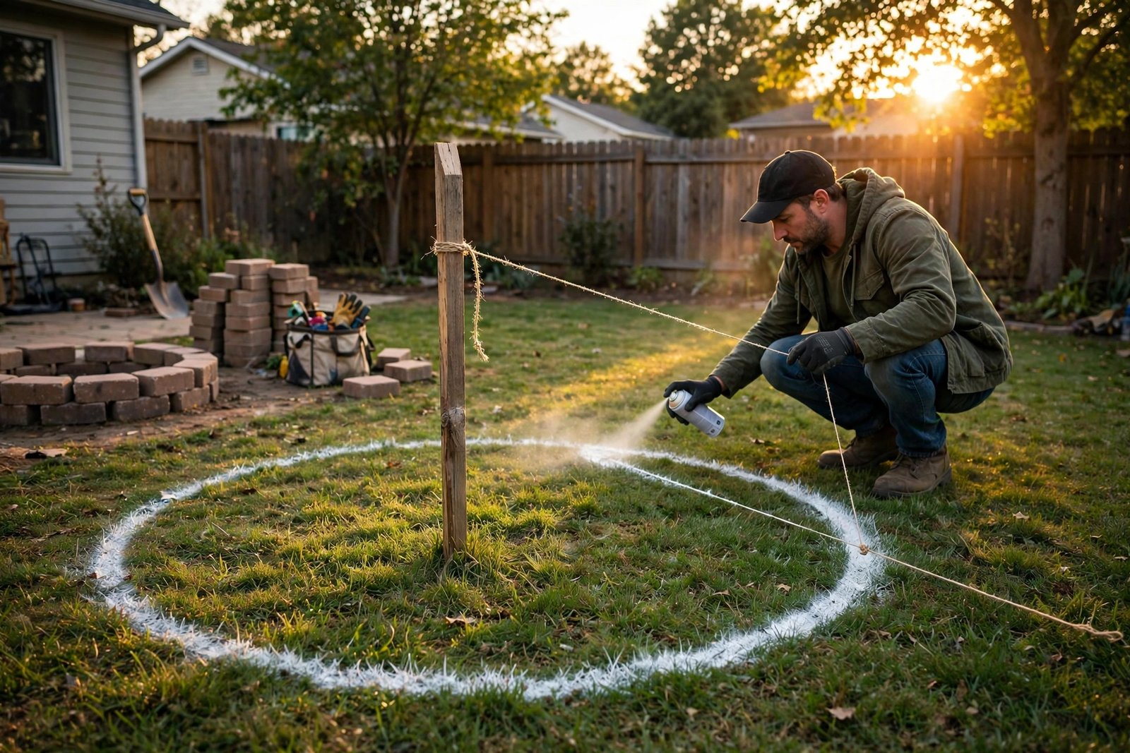 Marking the fire pit circle with a stake and string