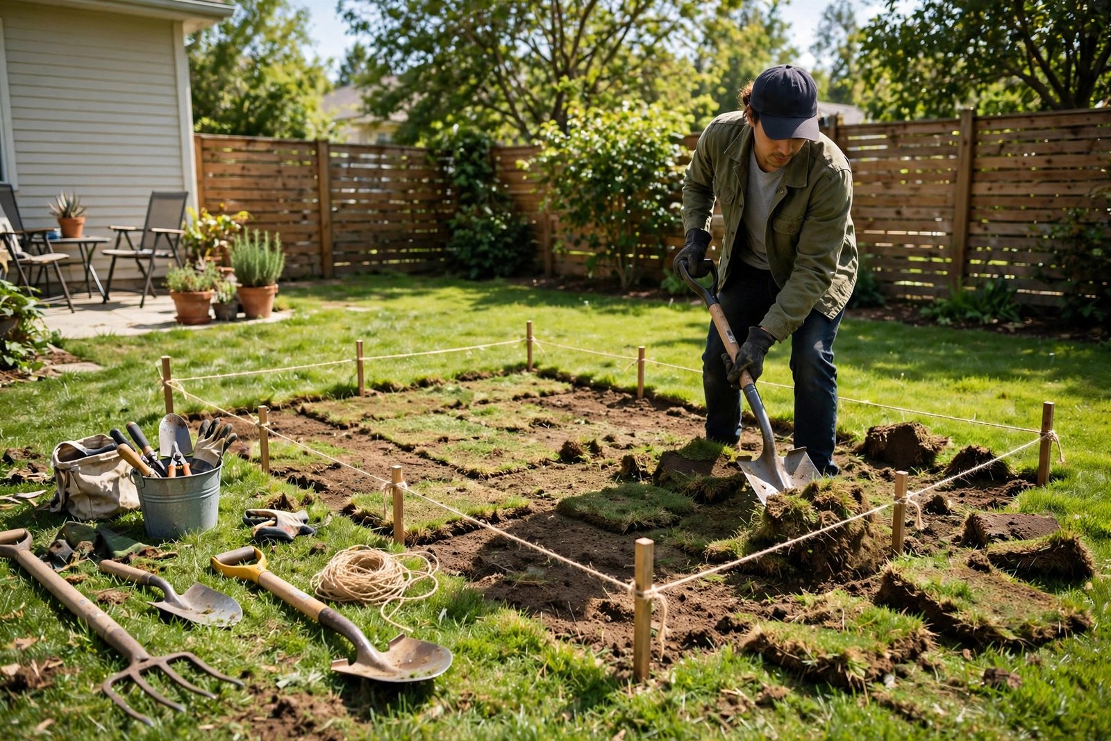 Clearing grass for the raised bed site