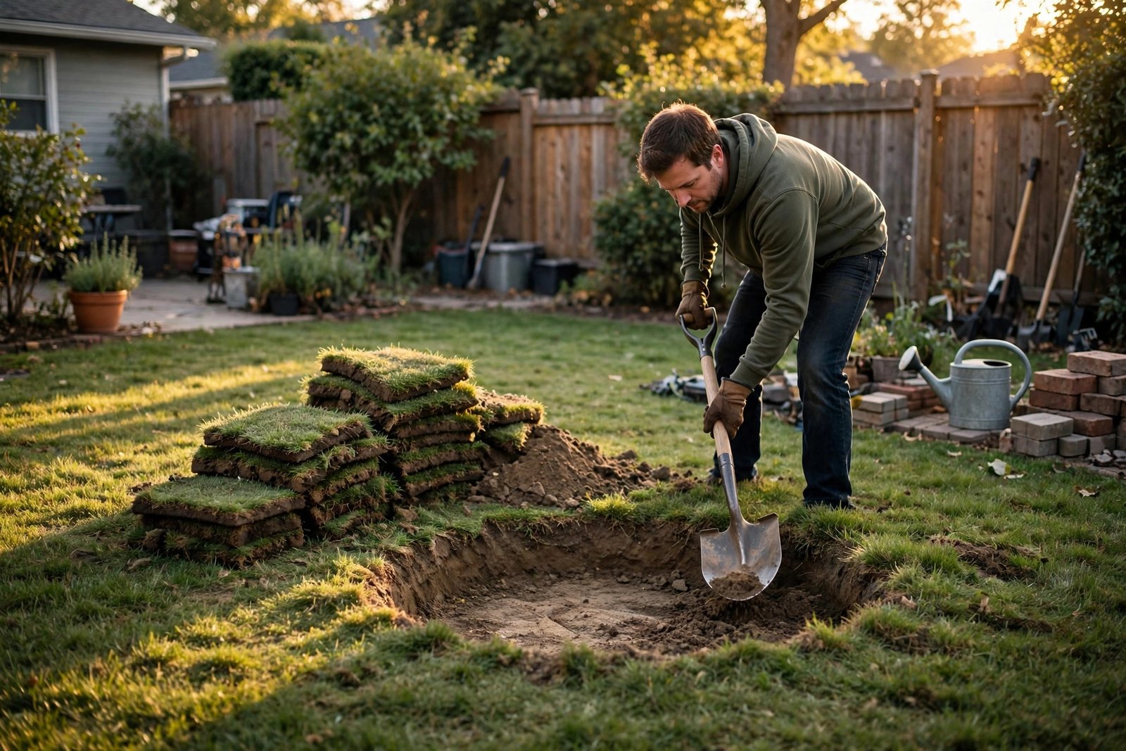 Digging the circular base for the fire pit