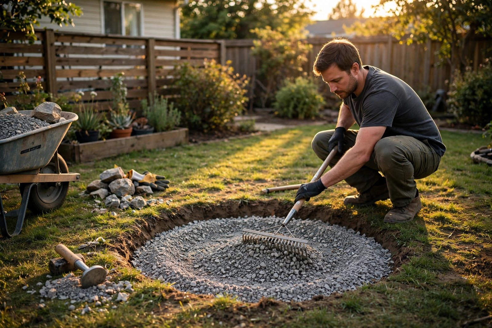Spreading and tamping the gravel base
