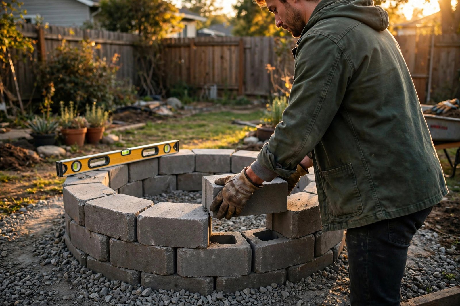 Laying the first course of paver blocks