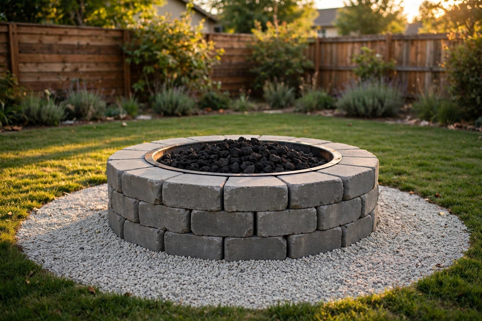 Finished fire pit in the backyard during the day