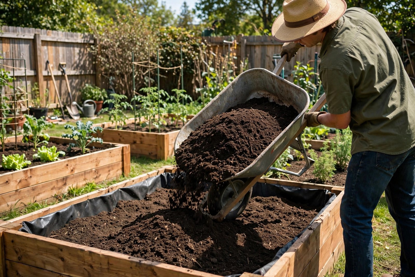 Filling the raised bed with soil