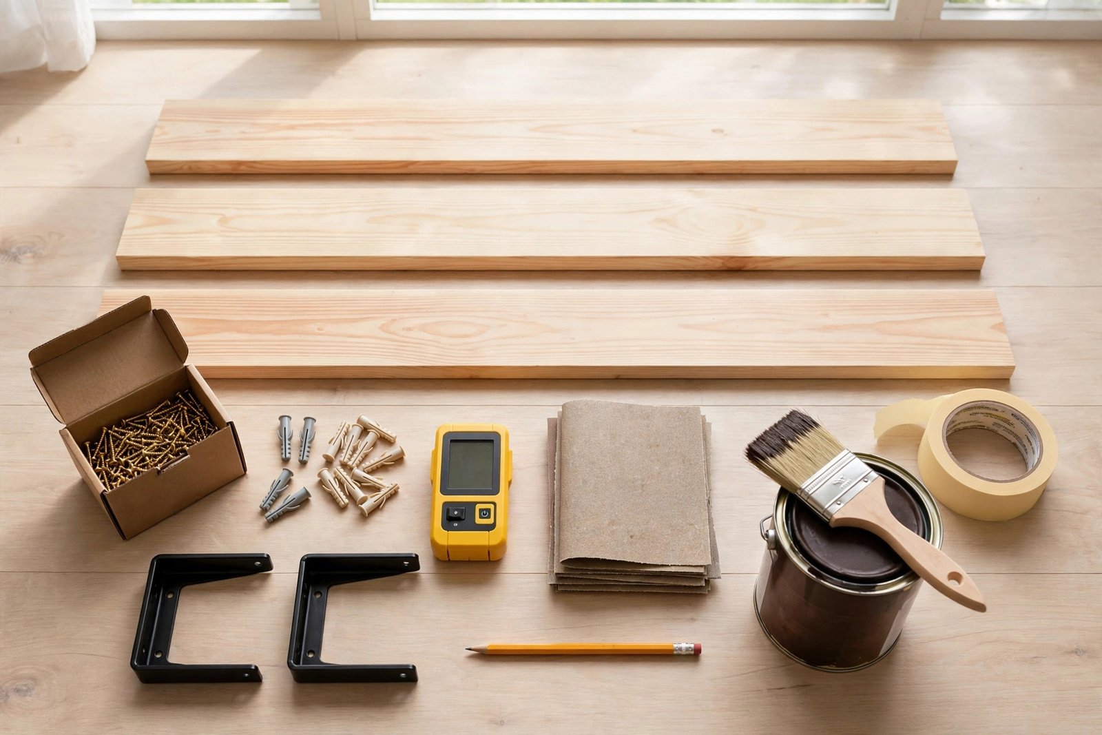 Materials laid out for the floating shelf project