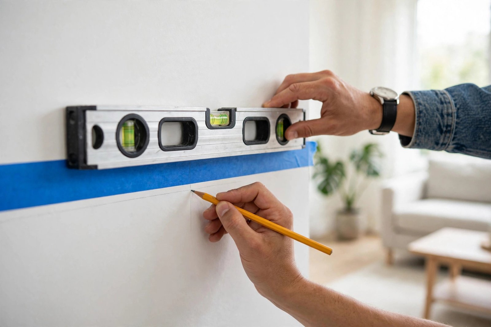 Marking a level line on the wall with painter's tape