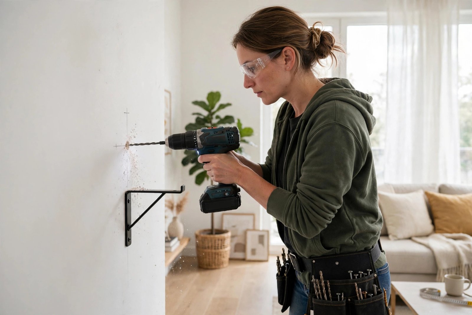 Drilling pilot holes for the shelf brackets