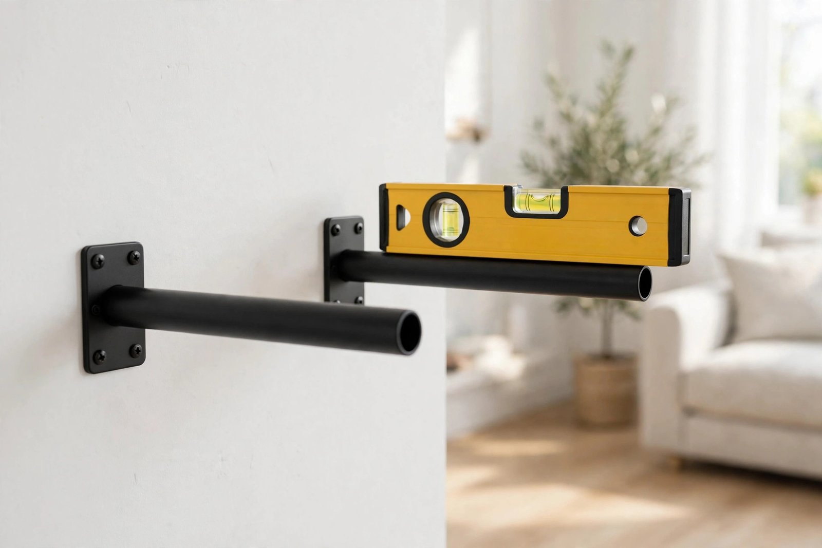 Hidden brackets mounted level on the wall