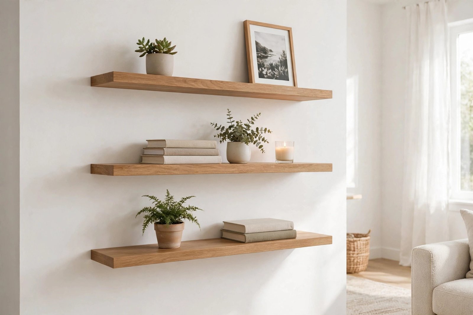 Finished floating shelves styled with plants and books